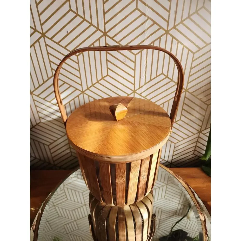 Vintage Bamboo And Glass Ice Bucket With Lid